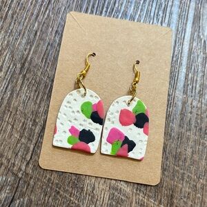 Handmade Polymer Clay Drop White Arch Earrings Pink & Green- Women’s Jewelry